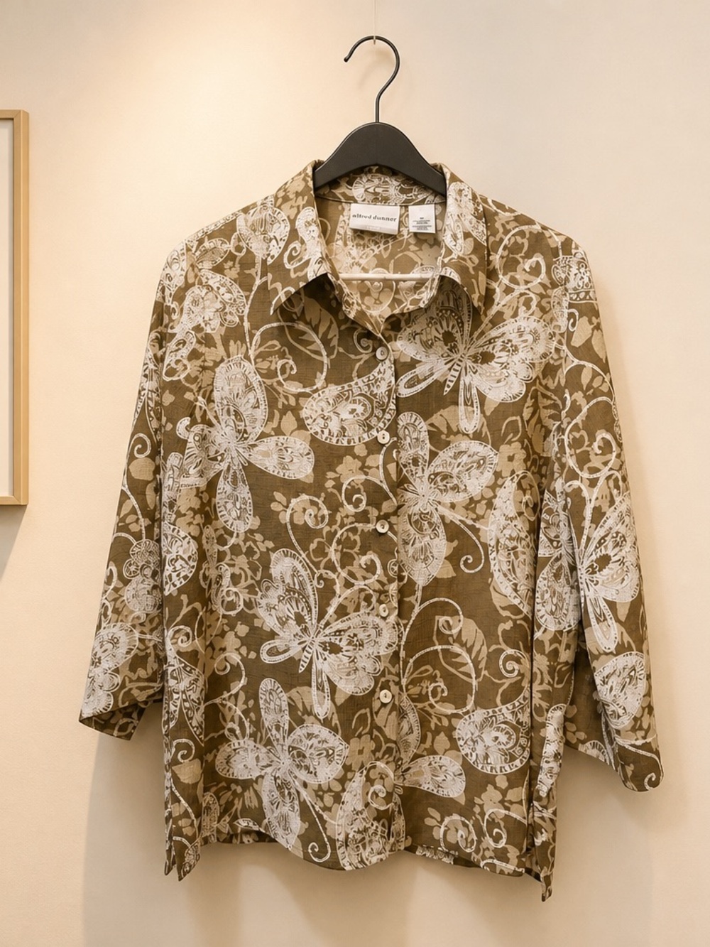 Alfred Dunner Brown Button-Down Shirt with White Butterfly Print